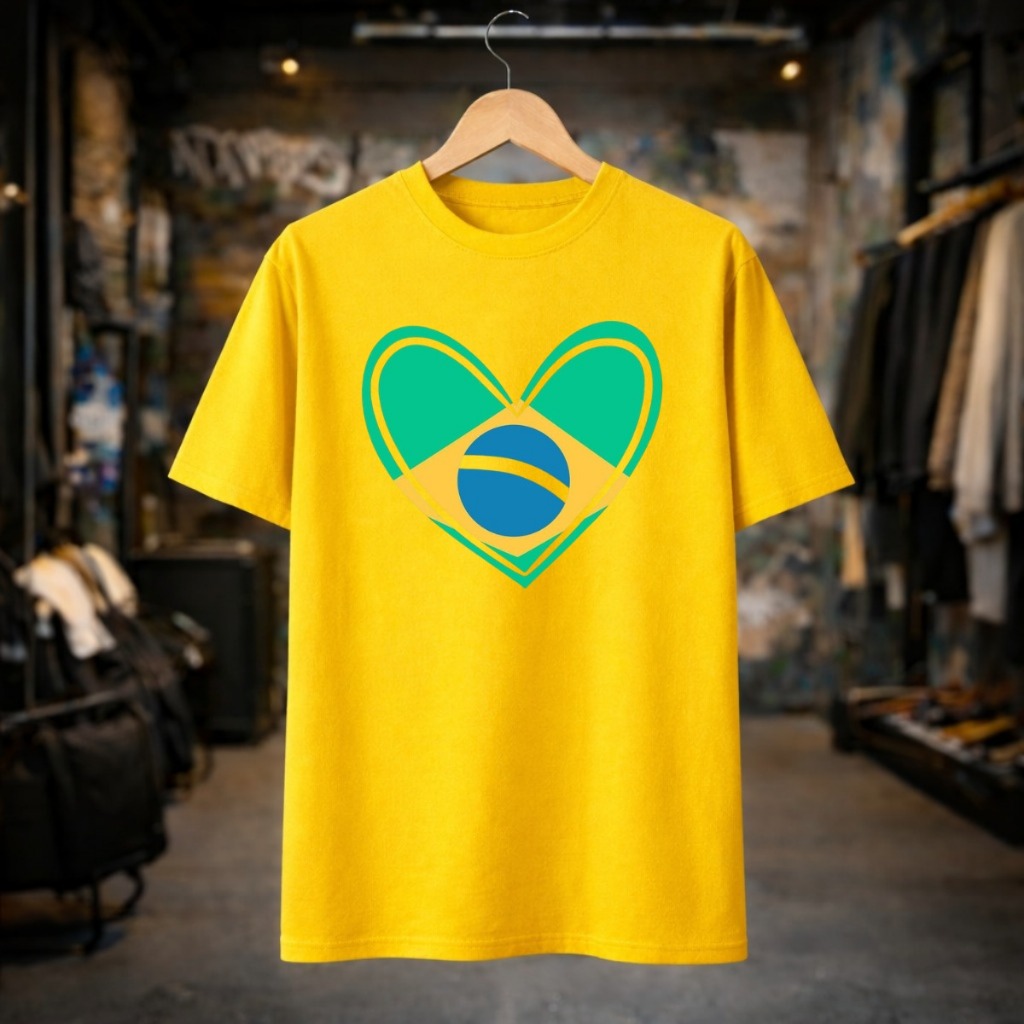 Camiseta Unissex Algodão 100% Estampada Bandeira do Brasil Coração Colorido Jogos Futebol Pátria Amada Copa do Mundo