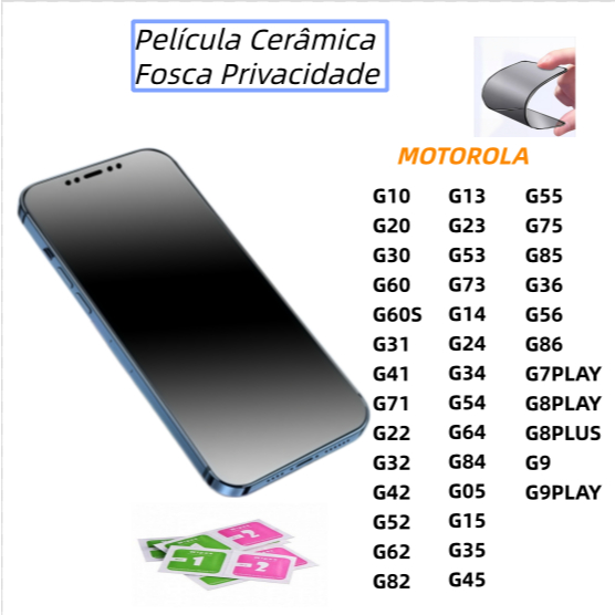 Película Cerâmica Fosca Privacidade Motorola Moto G04/G14/G24G/G34/G54/G64/G84/G05/G15/G35/G55