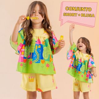 Conjunto Infantil Menina Short e Blusa Estampado Cores Lindas Confortável Colorido Blogueirinha em Oferta na Shopee