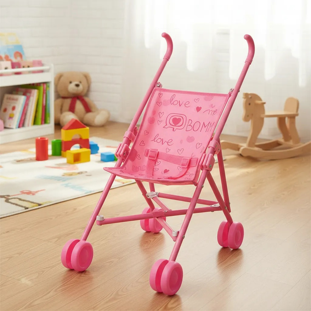 Carrinho De Boneca Bebe Plástico Rosa 52cm
