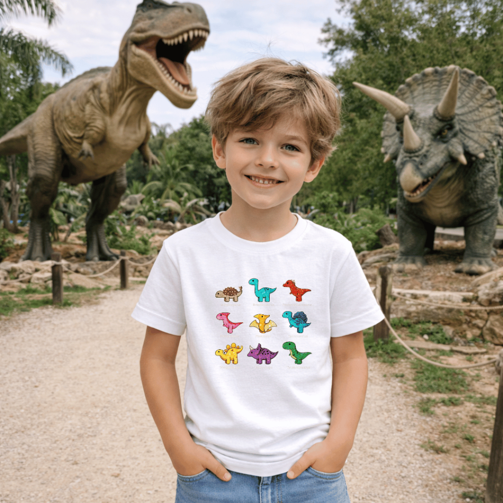 Camisa Infantil Masculina Estampa em DTF Espécie Dinossauros Coloridos |Camiseta 100% Algodão|