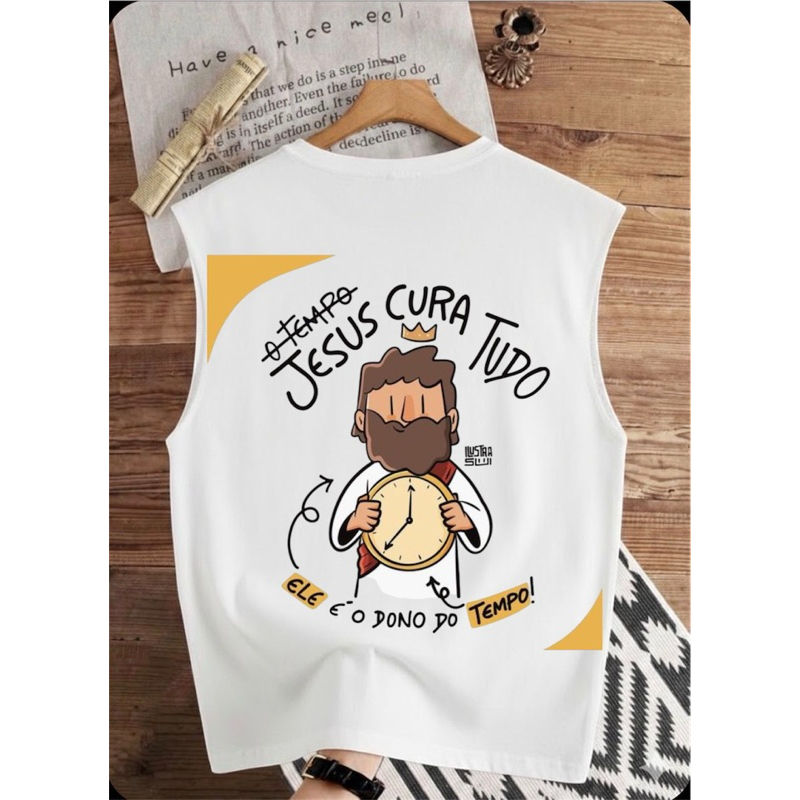 camiseta cavada regata estampada religiosa cristão tecido prêmio algodão camisa dia a dia verão
