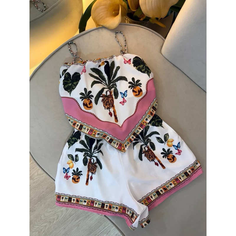 Conjunto estampado feminino cropped lenço e short box estampa preta tucano blusa ponta e shorts elástico