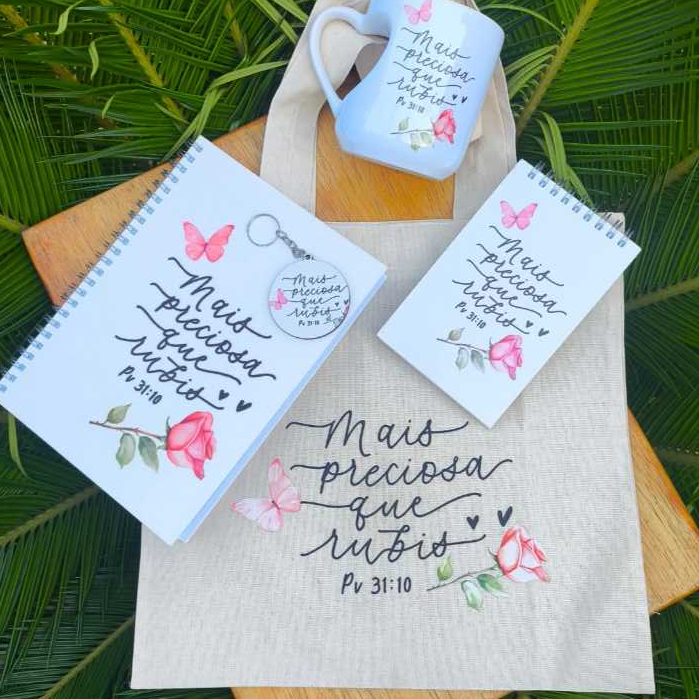 Kit Mais Preciosa: Caneca porcelana, Caderno  Bloco de anotações, Bolsa ecobeg algodão Cru  brinde Personalizados