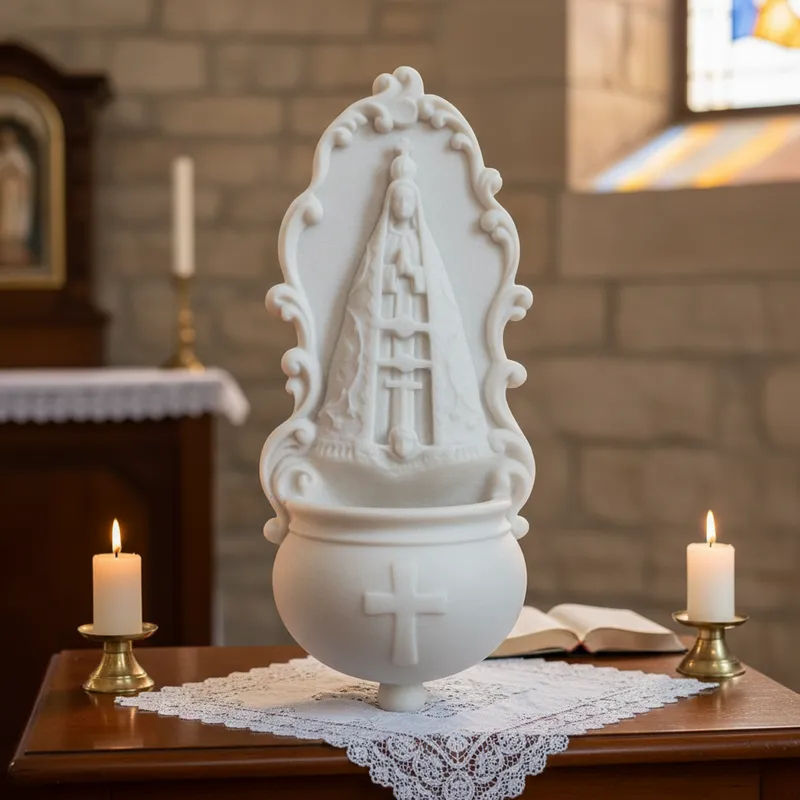 Imagem Pia Porta Água Benta Nossa Senhora Aparecida 20CM Mármore Natural Premium Riqueza nos Detalhes ENCANTOS E ARTES