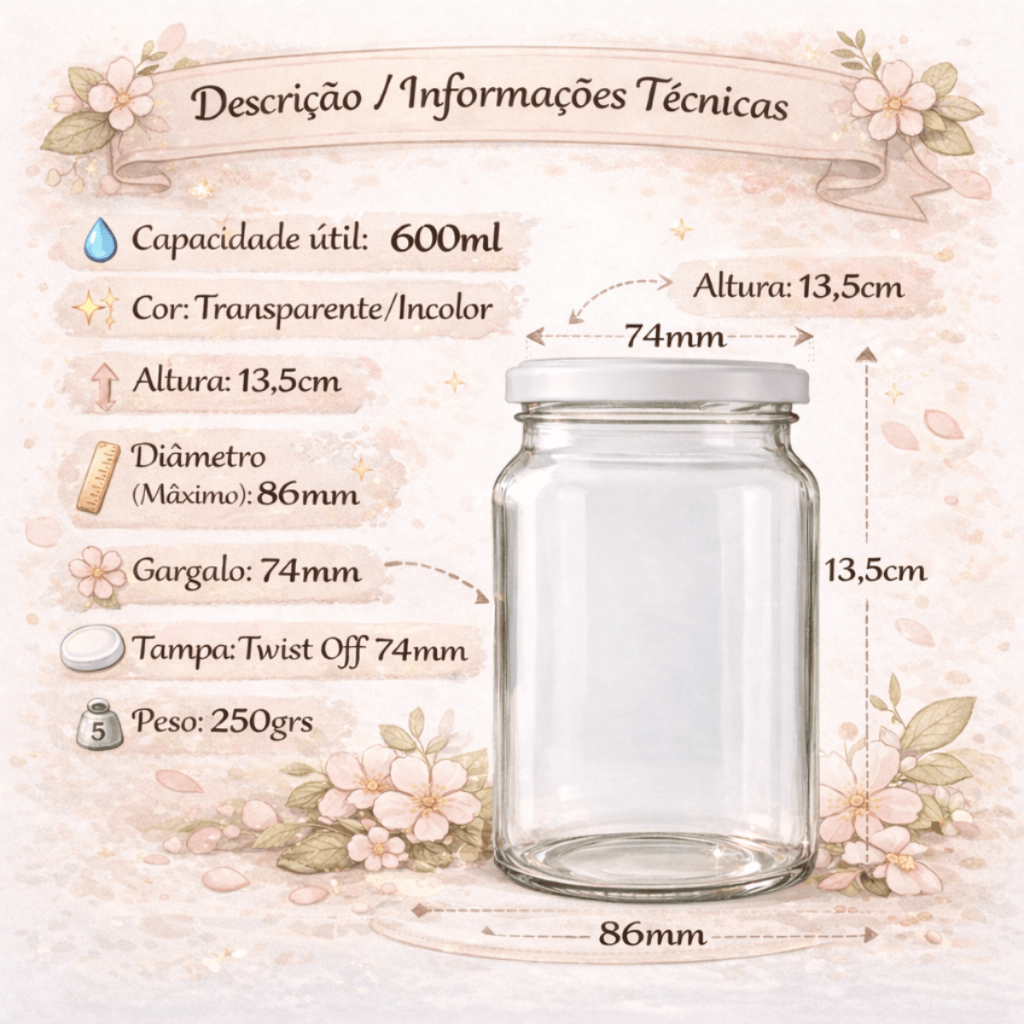 Kit 6 Potes de Vidro Conserva 600ml Tampas Lacres para Palmito Pepino e Doces Conservas — imagem 2 de 2