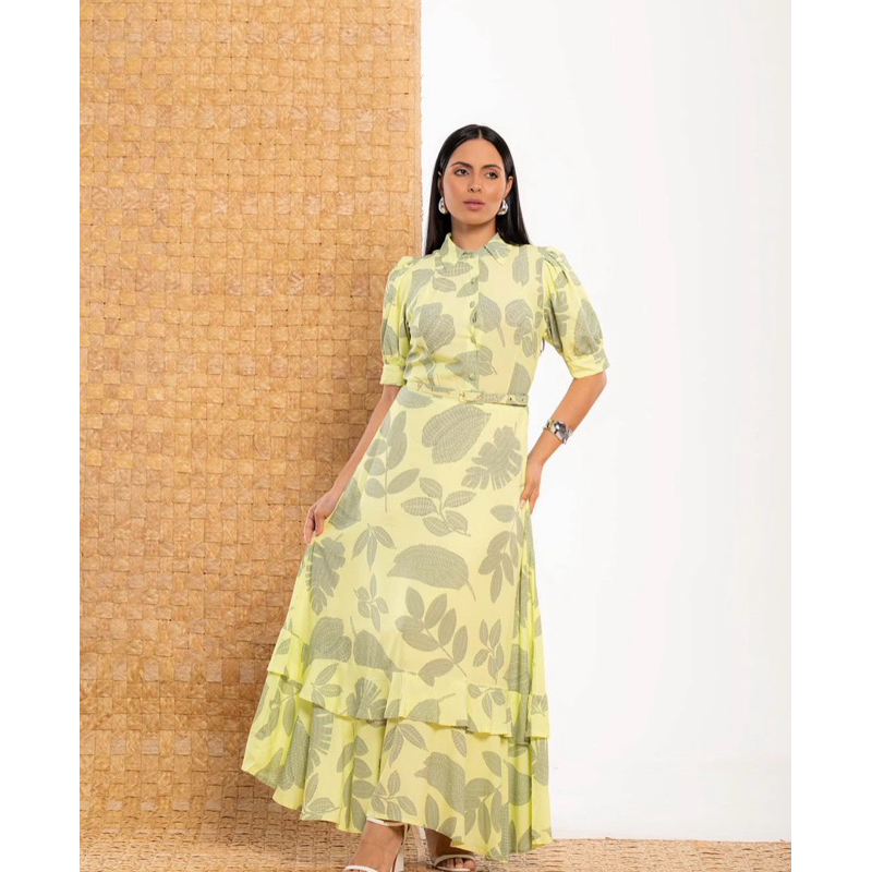 Vestido Viscose Longo Com Manga  Tamanho GG Moda Evangélica Com Estampa De Folhagens Tropical Verde Lima/Cinza Amora Rio