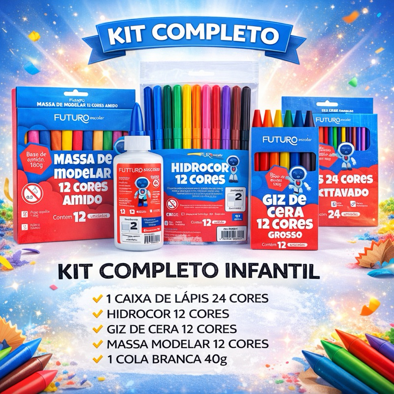 Kit Escolar Infantil Completo 24 Cores + Hidrocor + Giz + Massa + Cola