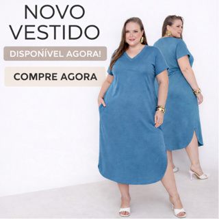 Vestido Plus Size Midi Longo com Bolsos Funcionais e Fendas Laterais - Veste do 42 ao 56 em Oferta na Shopee