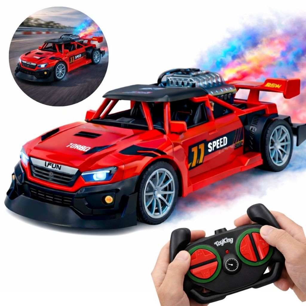 Carrinho de Controle Remoto Solta Fumaça Racing Spray Brinquedo Recarregável