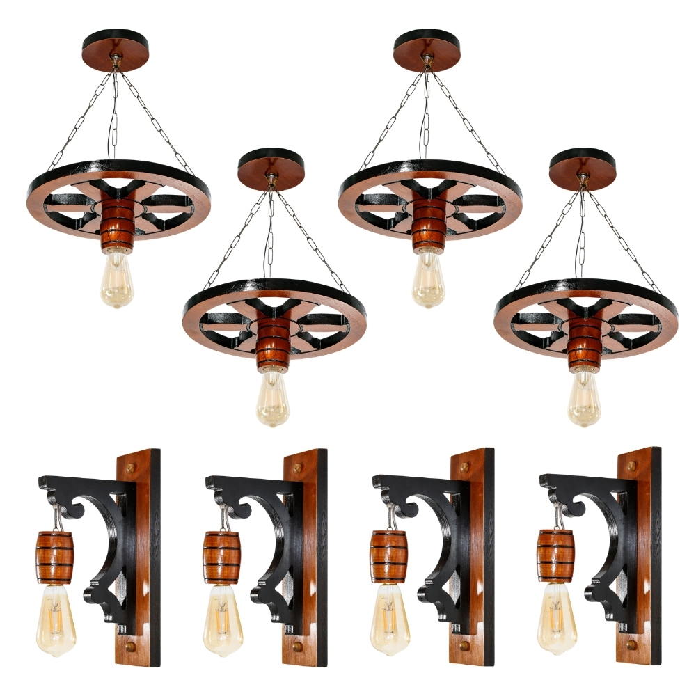 Kit 8 Luminárias Pendente Roda de Carroça e Luminárias Arandela Clássica Para Decoração - Mogno