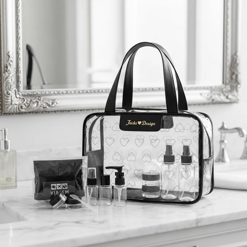 Kit de Bolsa Transparente e Frascos de Viagem de 7 Peças