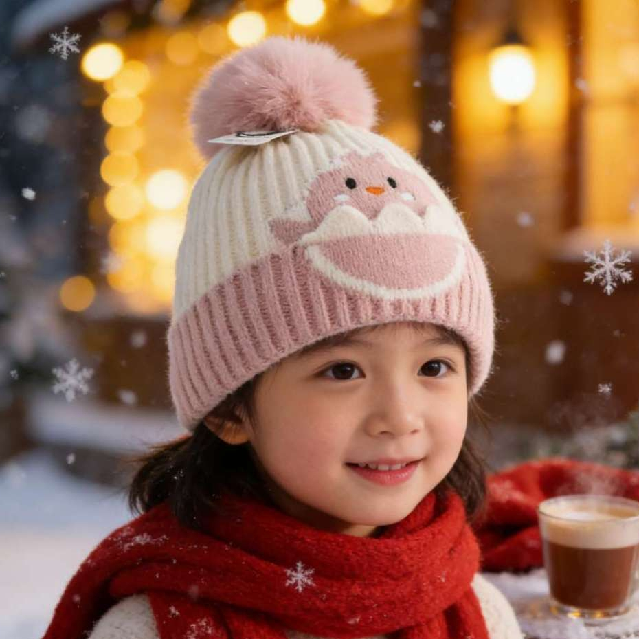 Touca Infantil Gorro Forrada Pompom pra 3-8anos Com Estampa Quentinha Frio Moda Outono Inverno criança menino menina