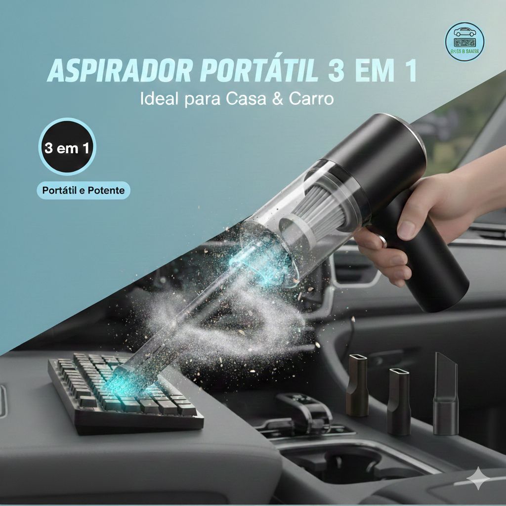 Aspirador de Pó Portátil 3 em 1 AS-228 Mini Automotivo e Doméstico Potente com 3 Bicos para Carro Casa Sofá Teclado USB
