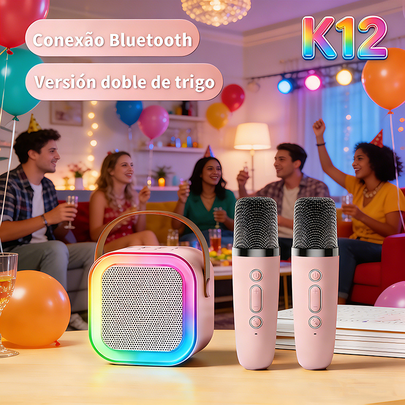 K12 Caixa de Som com 2 Microfones Sem Fio Portátil Infantil Alto-Falante Bluetooth Karaokê Para Encontros Familiares em Oferta na Shopee