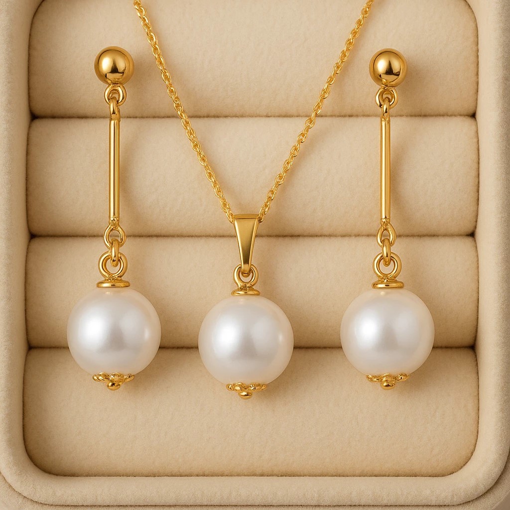 Kit Colar + Brincos Perola Longo Feminino Elegante Delicado Folheado a Ouro