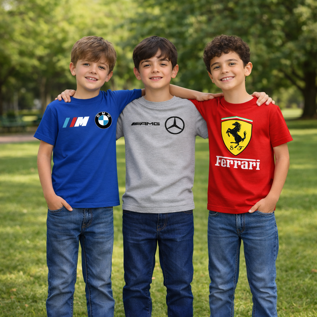 Kit 3 Camisetas Infantil Algodão Ferrari BMW Mercedes Carros Esportivos