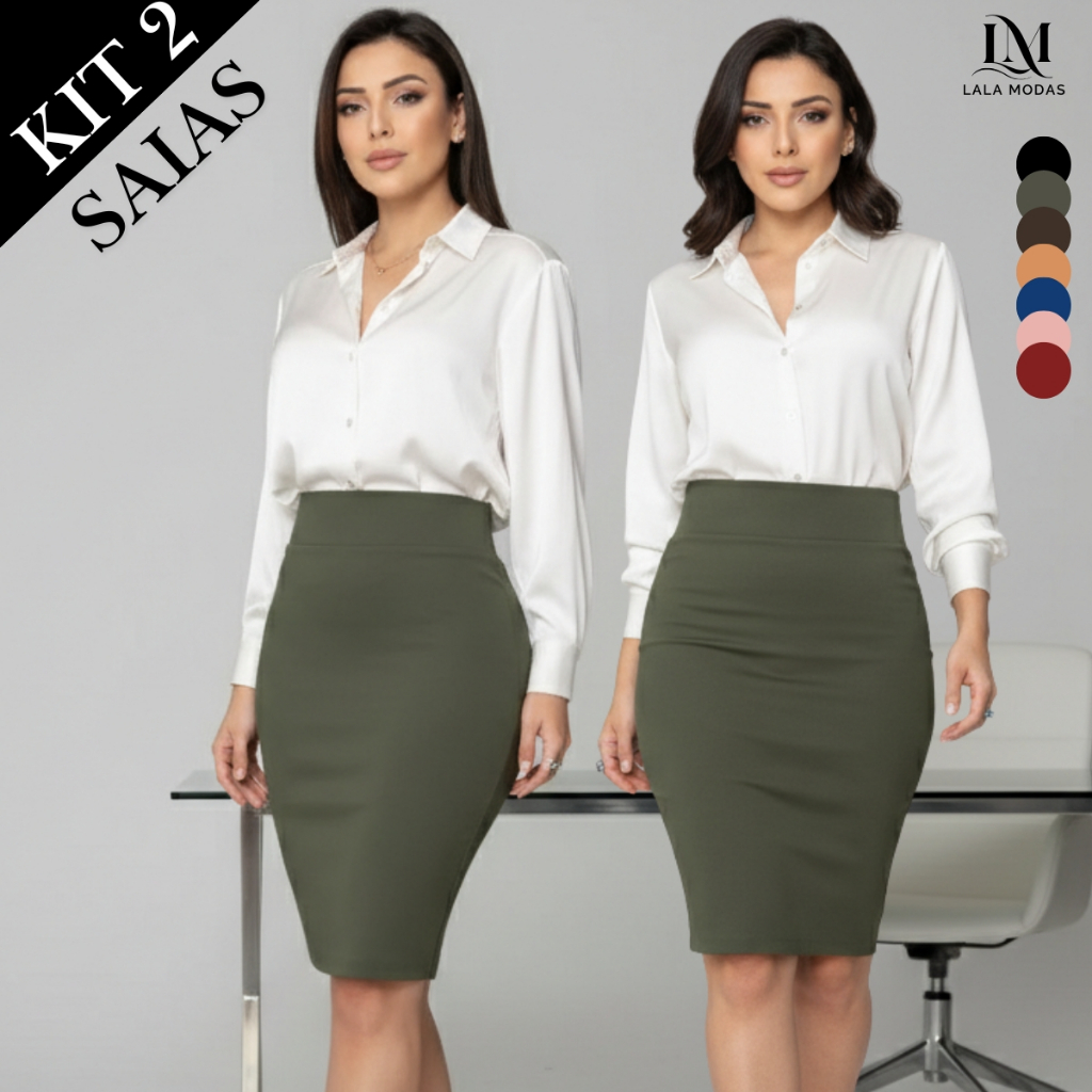Kit 2 Saias Midi Executiva Suplex Premium Não Fica Transparente