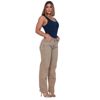 Calça Jeans Feminina Bege Vintage Modelagem Reta