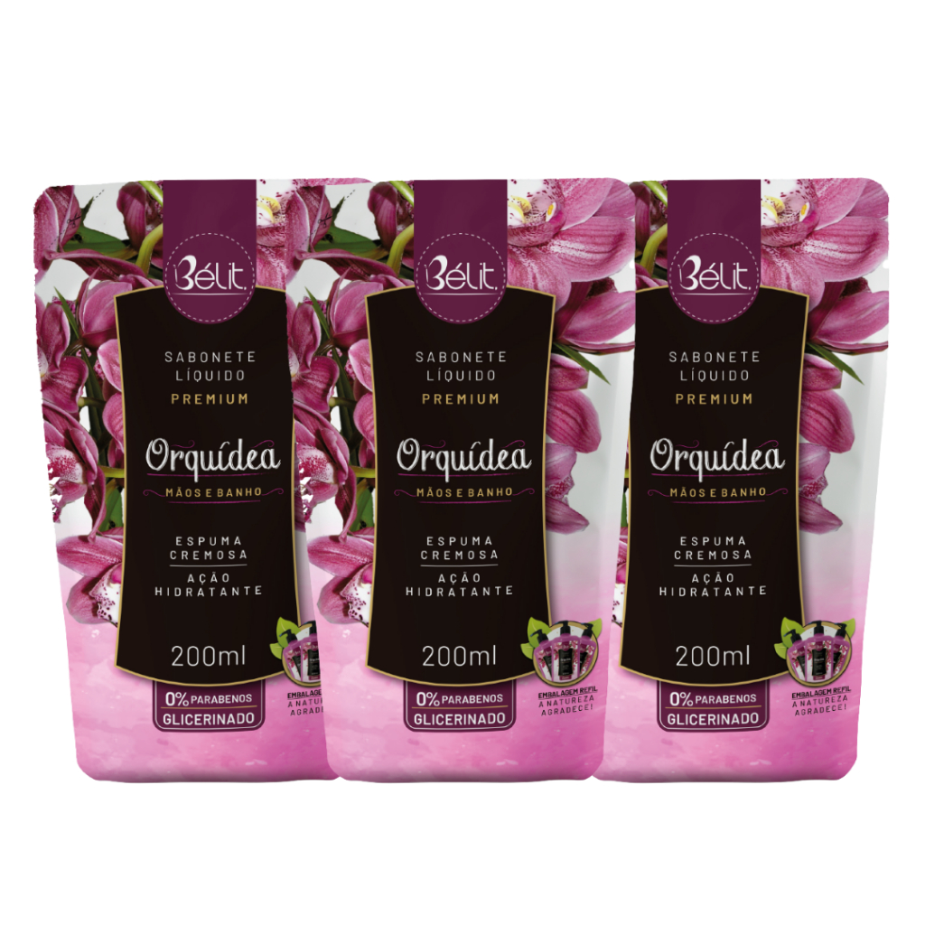 SABONETE LIQUIDO REFIL ORQUIDEA BÉLIT PREMIUM  KIT 3 UNIDADES 200ml POUCH em Oferta na Shopee