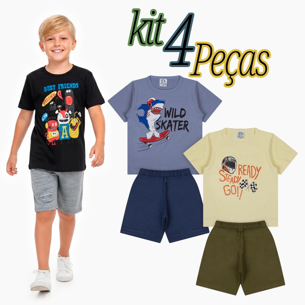 Kit 4 Peças SORTIDO Infantil Camiseta100% Algodão + Bermuda Moletinho Masculino Bebê Menino Verão - 2 Conjuntos