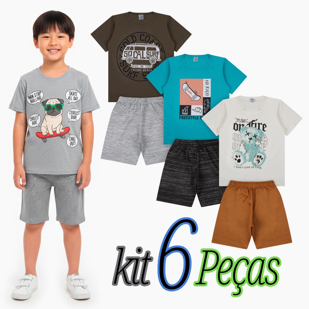 Kit Sortido 6 Peças de Roupas Infantil Bebê Menino 3 Camisetas + 3 Bermudas Kit com 3 Conjuntos Verão Menino