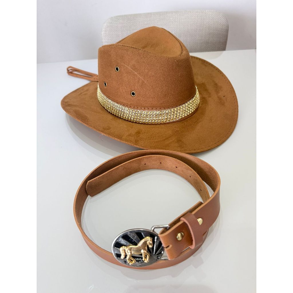 Krica Kids - Kit Chapéu Com Strass Dourado E Cinto Infantil Cowboy Rodeio Bota Ou Cavalo