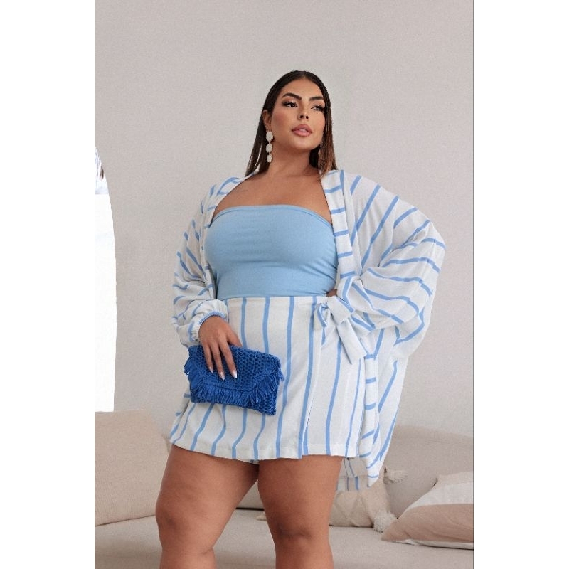 Conjunto Kimono + Shortsaia Femenino Plus Size Atemporal Moda Blogueira Gringa Com Lastex Cintura Listrado Lançamento em Oferta na Shopee