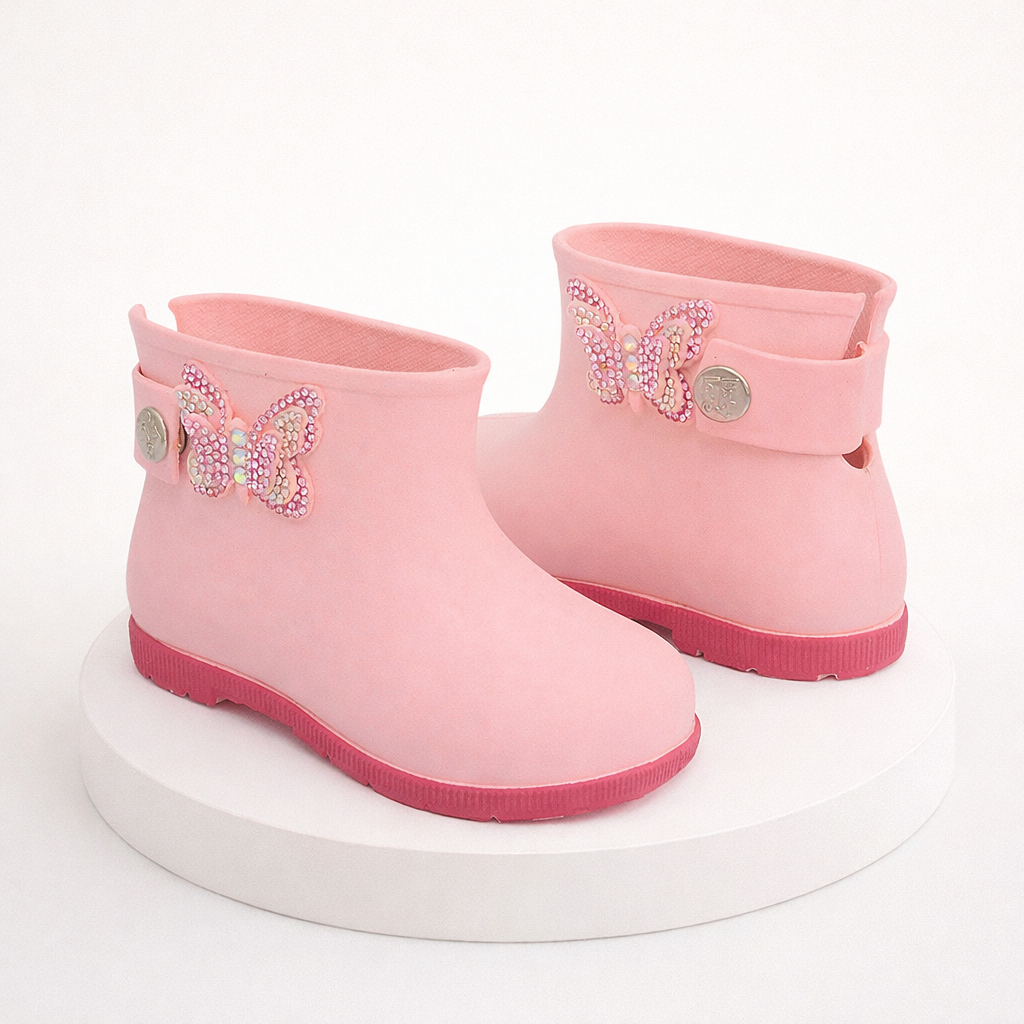 Bota galocha infantil feminina borboleta 3D strass impermeável antiderrapante macia lançamento