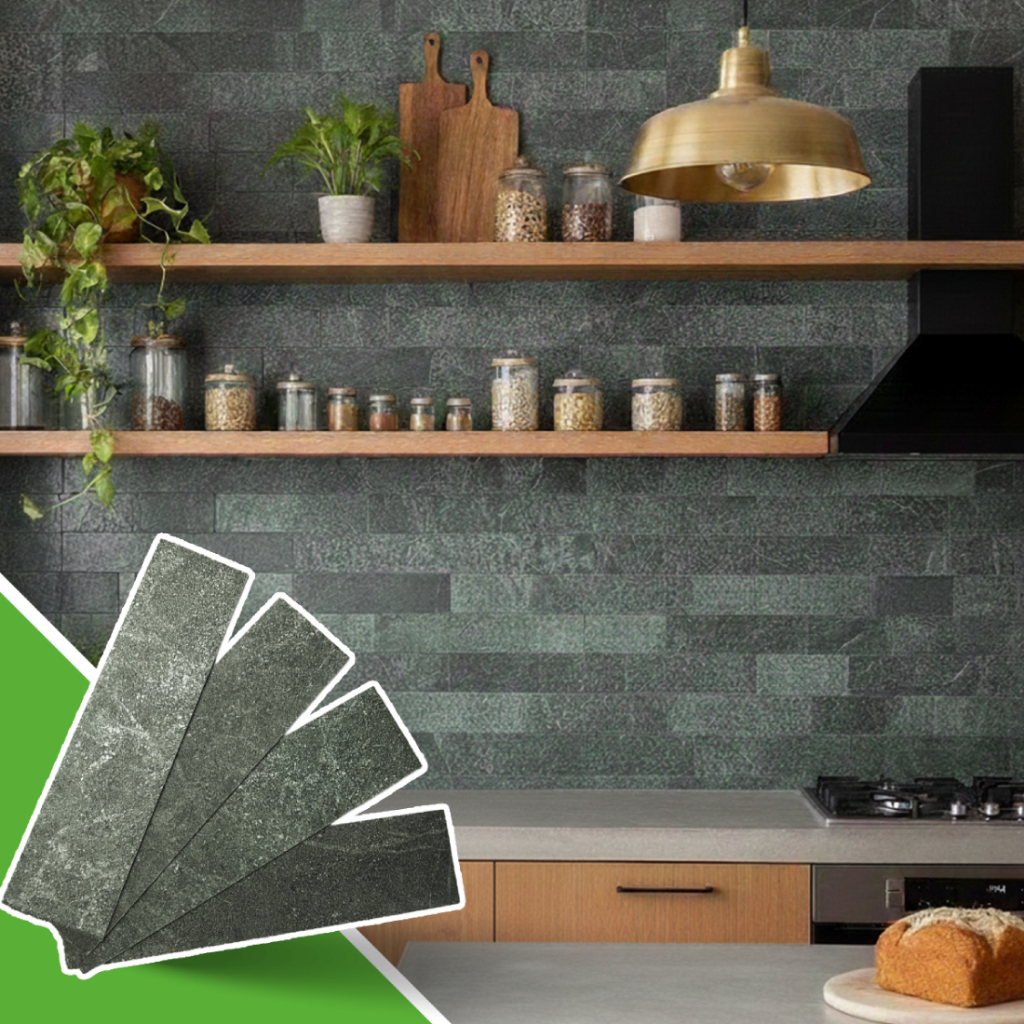 Kit 52 Placas 3D Autoadesivo Brick Pedra Flexível Autocolante 28cm x 7cm- 1M2 Cor Ardósia Verde