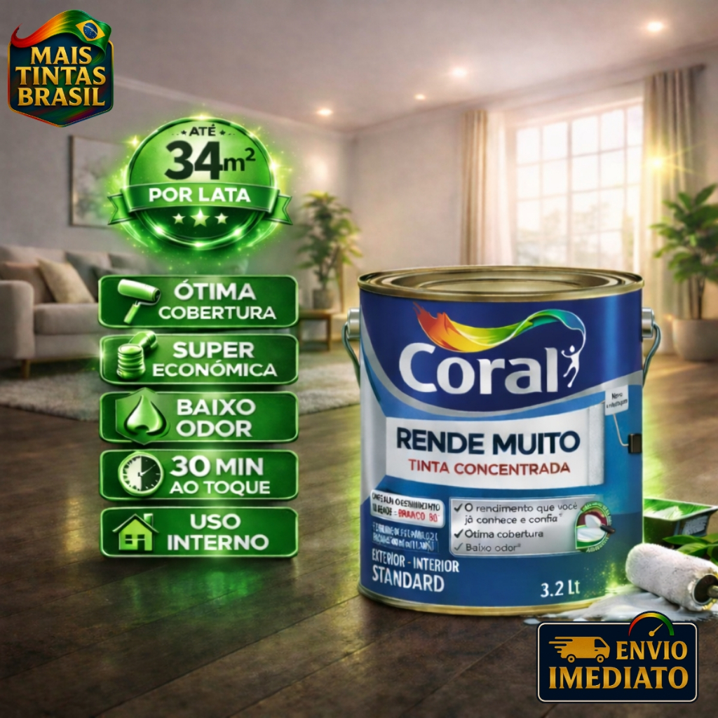Tinta Acrílica Coral Rende Muito 3,2L e 3,6L Fosca Lavável Standard Rendimento Secagem Rápida, Cores em Oferta na Shopee
