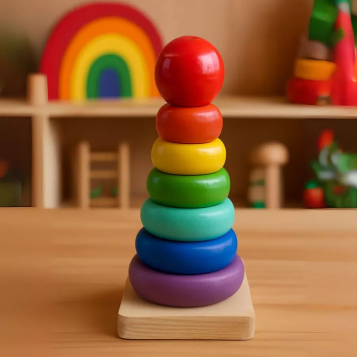 Brinquedo Educativo Pedagógico Montessori Torre de Encaixe Empilhar Colorida de Madeira