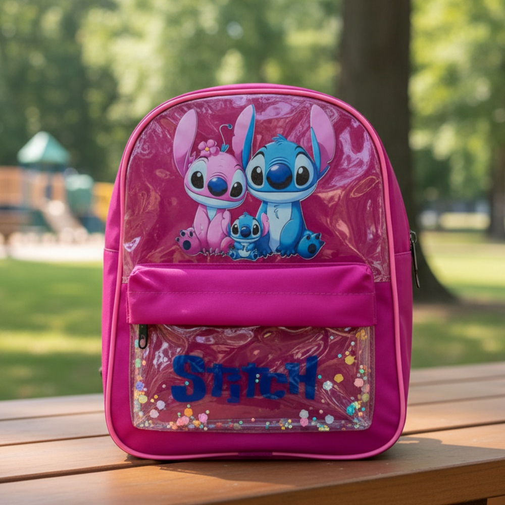 Mochila Infantil da Stitch Menina – Brilhante, Reforçada e Impermeável com Dois Bolsos