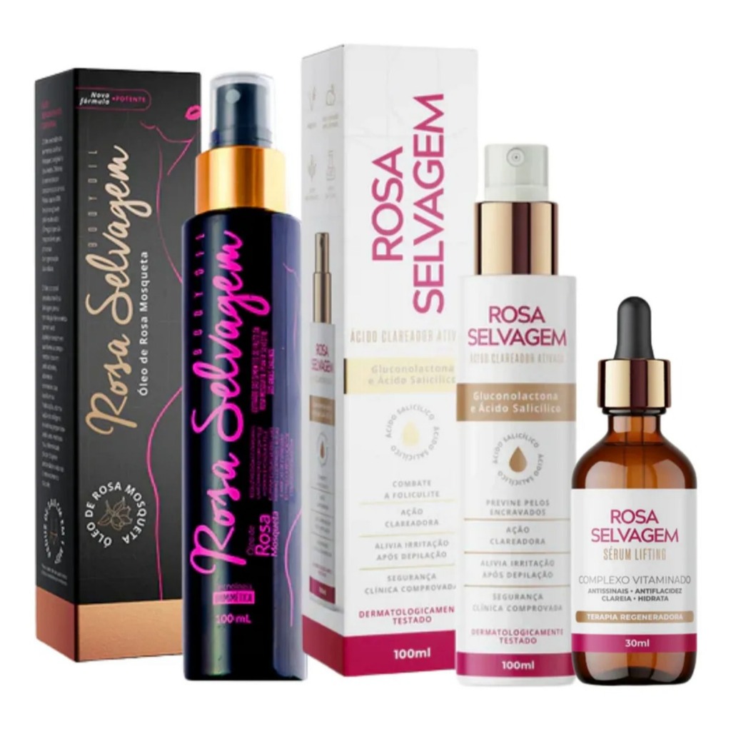 Kit Rosa Selvagem Óleo Clareador + Ácido + Sérum Lifting Suave