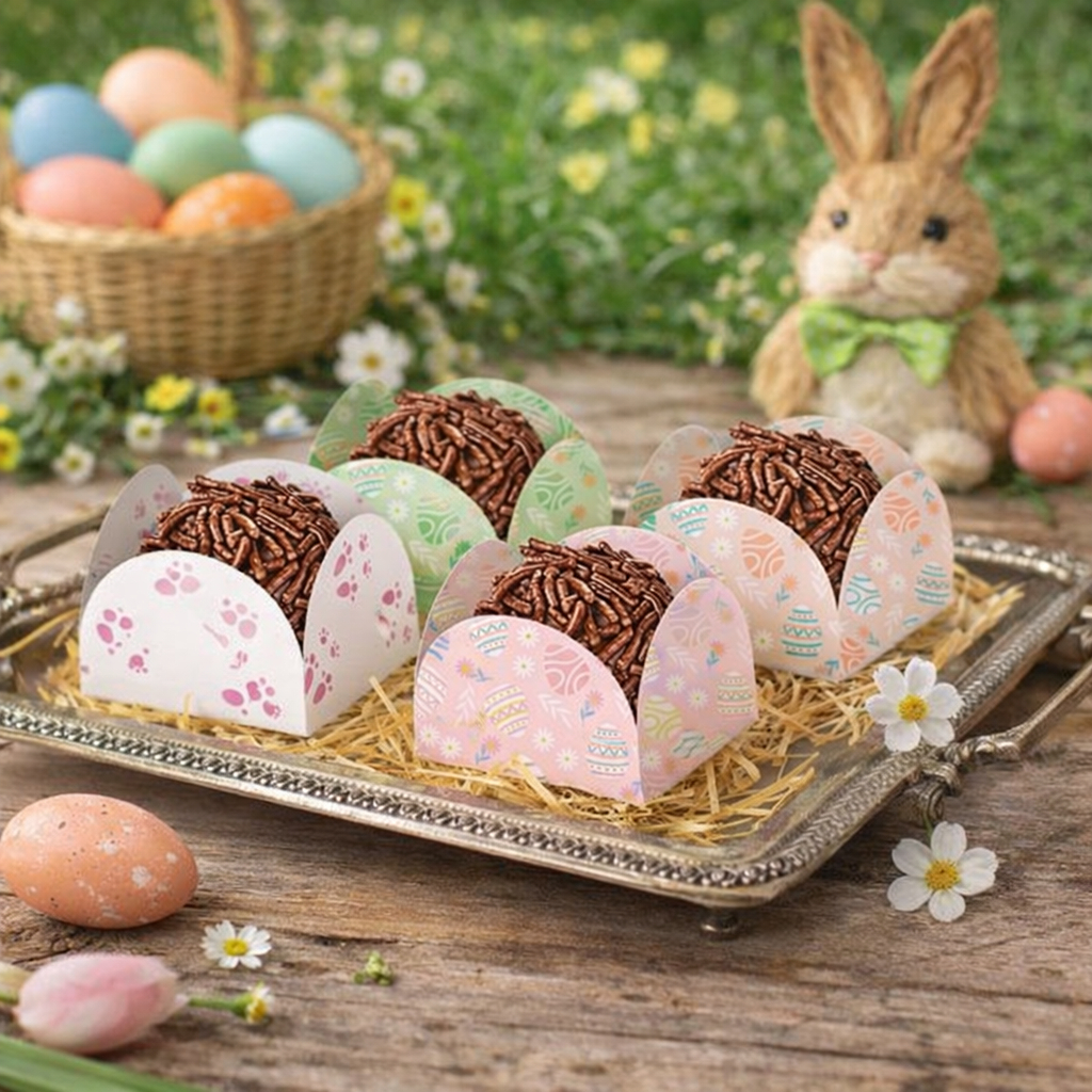 Kit 200 Forminhas para Doces 4 Pétalas Feliz Páscoa com Ovinhos e Pegadas de Coelhinho Plac Festas