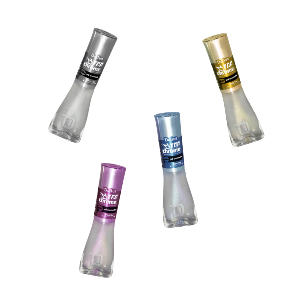 Coleção Dailus Chrome – Esmalte Efeito Pó Cromado Kits Top coat Unhas Brilhantes