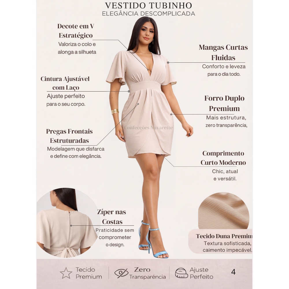Vestido Tubinho Curto Manga Mariposa Não Amassa Duna Premium Fresco Com Forro Verão Envio Imediato