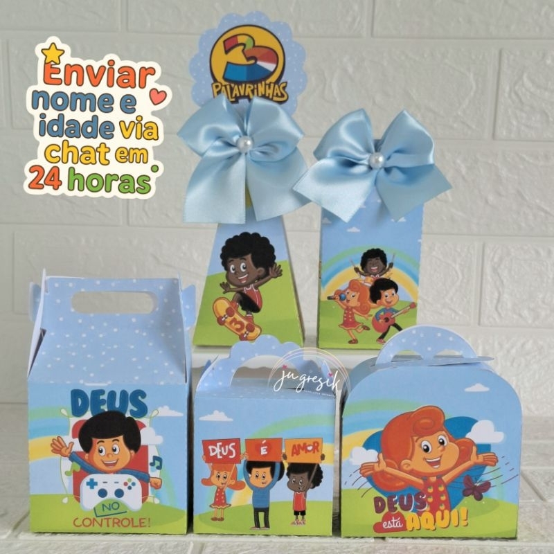 Kit Festa Personalizados Três Palavrinhas azul lembrancinha caixinhas Personalizadas