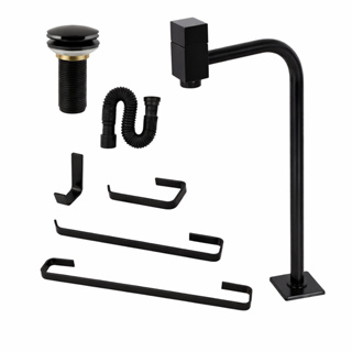 Torneira  banheiro Lavatorio Cuba alta 90° Preto Fosco quadrada de metal + válvula Click 7/8 preta + sifão+kit em Oferta na Shopee