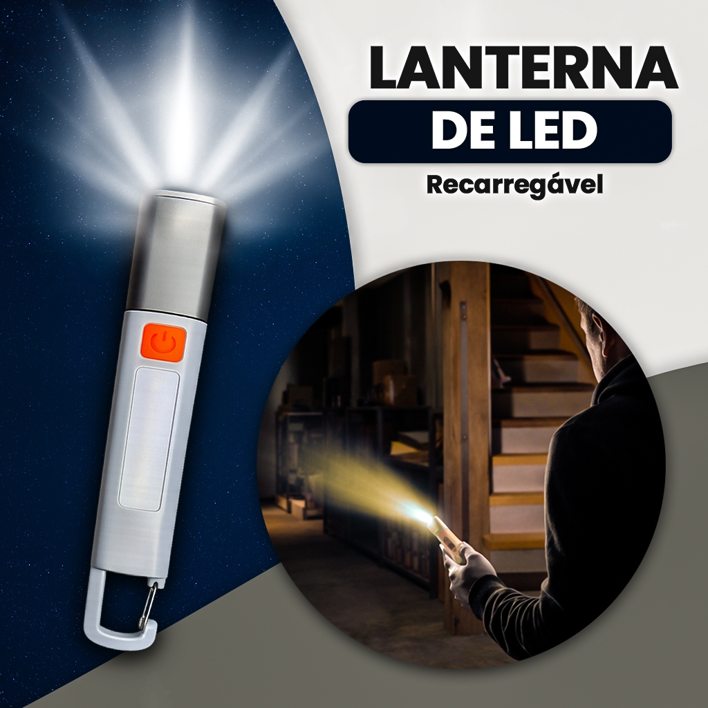 Lanterna LED 300 Lumens Recarregável USB-C Zoom Ajustável 5 Modos Longo Alcance IP54 Portátil