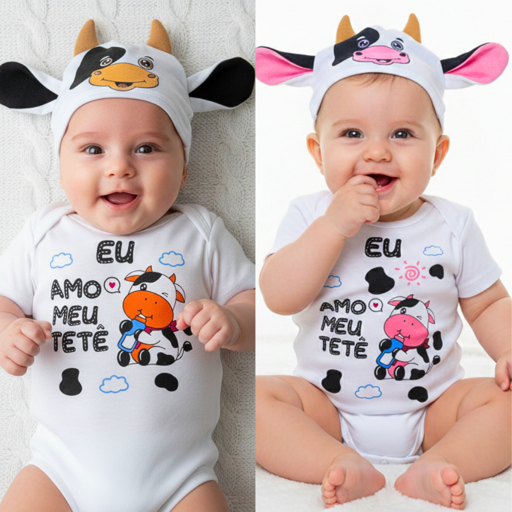 Body Bebê Temático Meu Tetê Vaquinha Fazendinha Mesversário Animais 100% Algodão