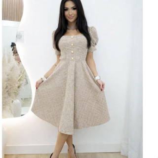 Vestido Mídi Manga Princesa Tweed Botões Dourados Elegante Casual Feminino Vestido Para Formaturas** em Oferta na Shopee