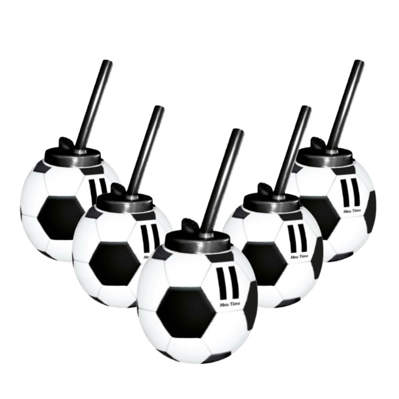 5 Copos  Bola Meu Time Com Canudo Preto  E branco Injetemp