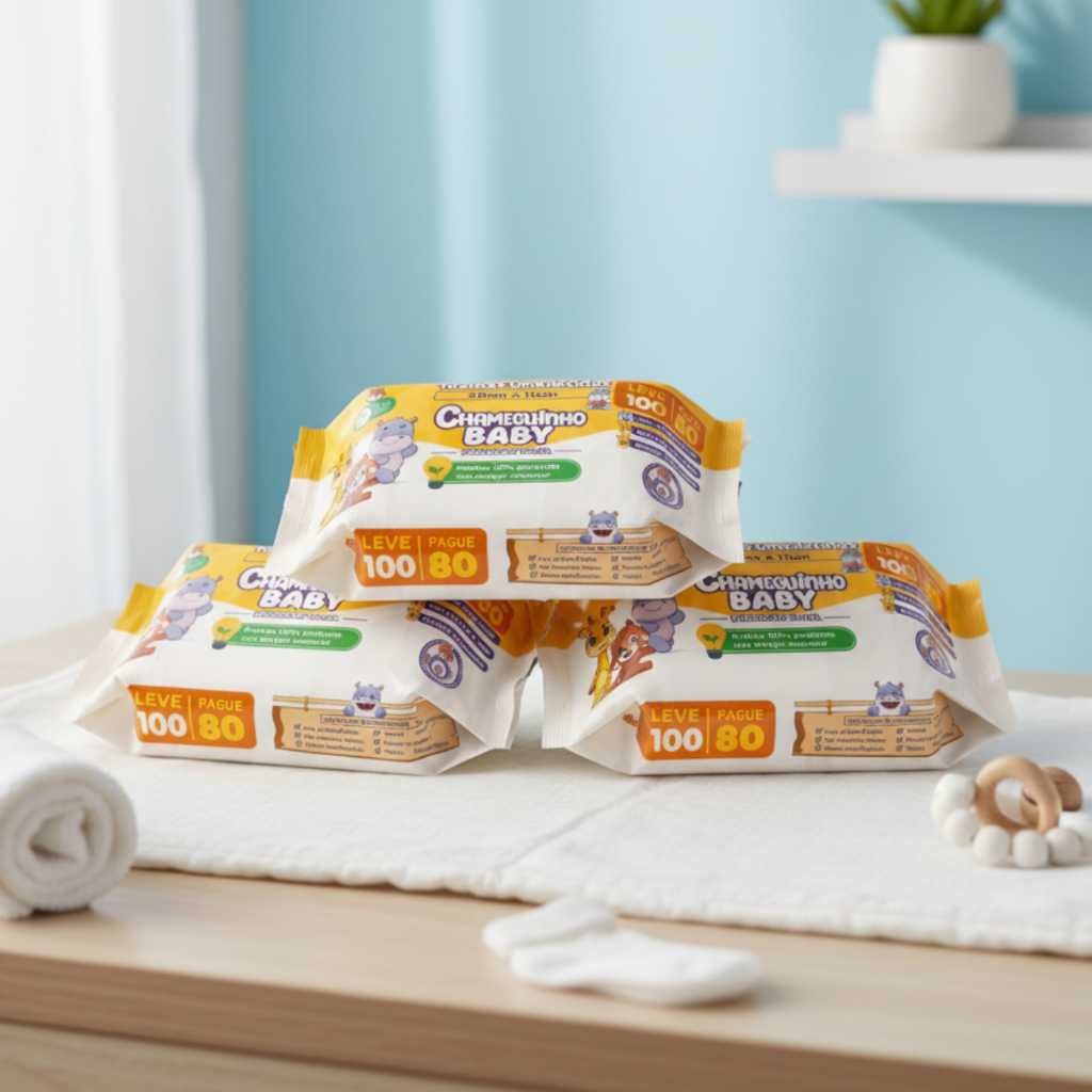 Kit Pacotes Toalhas Umedecidas CHAMEGUINHO BABY 100 Folhas - 19x13 cm Mamãe Bebe