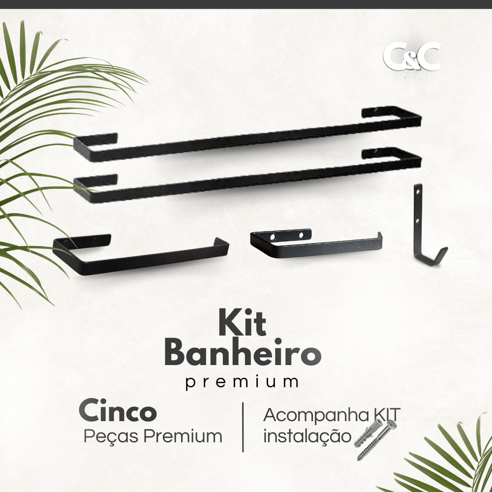 Kit Suporte Acessórios para Banheiro Porta  Toalha Papel E Gancho Multi Uso 5 peças  Preto tx