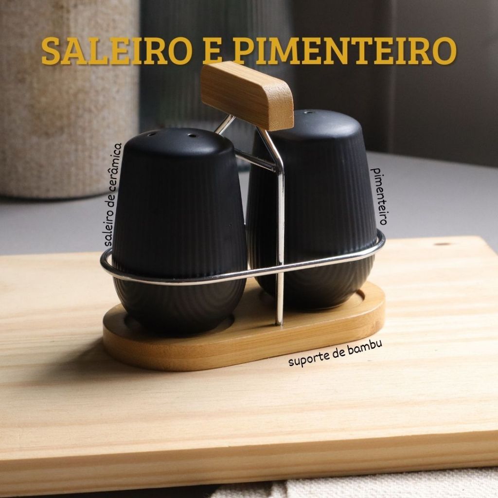Saleiro e Pimenteiro Oasis de Ceramica e Bambu 90ml C/3pcs Preto Hauskraft em Oferta na Shopee
