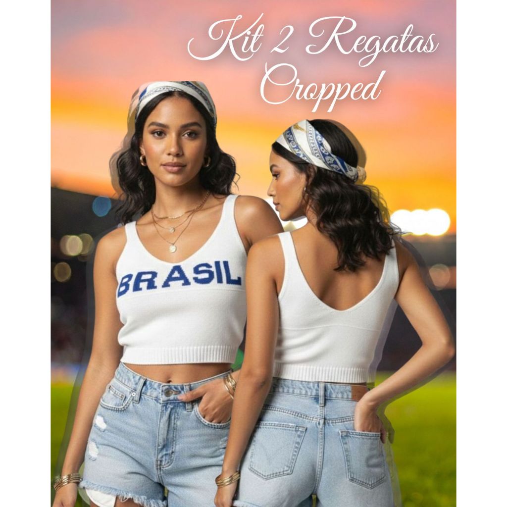 Kit 2 Regatas Cropped Feminino Blusinha Brasil Tricot Modal Decote U Alcinha Verão Carnaval Copa