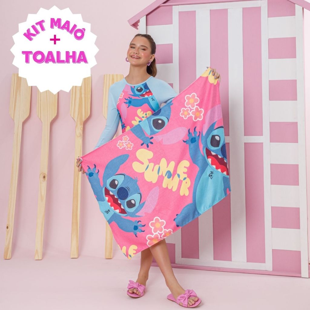 Maio Feminino Juvenil Stitch Manga Longa Babado infantil + Toalha Algodão Stitch Kit Praia Piscina