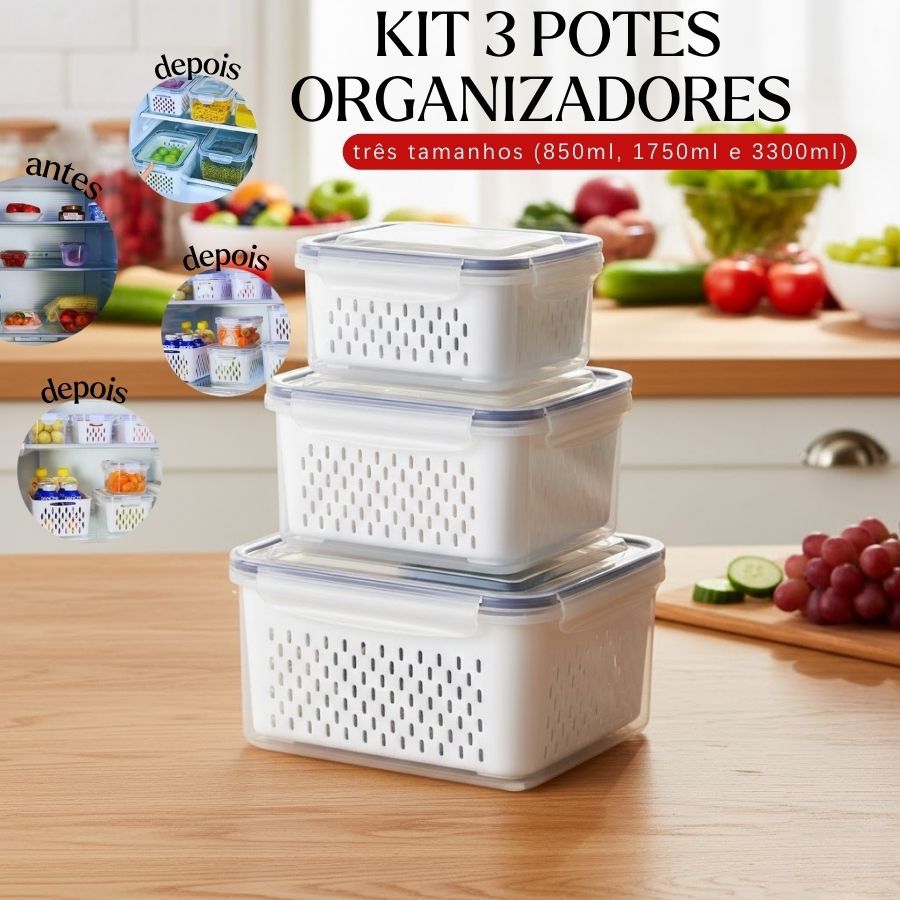 Kit 3 potes Organizadores para Geladeira Organizador de Alimentos Vegetais Cozinha Moderna