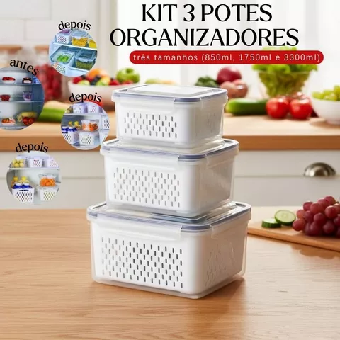 Kit 3 potes Organizadores para Geladeira Organizador de Alimentos Vegetais Cozinha Moderna